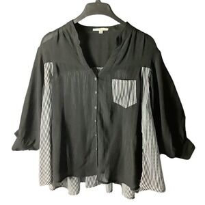 Cecico Black Blouse Striped Mixed Media V-Neck Button Up Shirt Top Women Size L